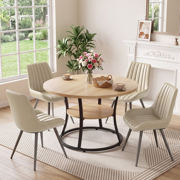 Hawsaiy 47.2" Round Dining Table Set for 4, Kitchen Table with 4 Upholstered Chairs, Modern Dining Room Table Set with Storage Shelf, Small Space Dining Set for Apartment