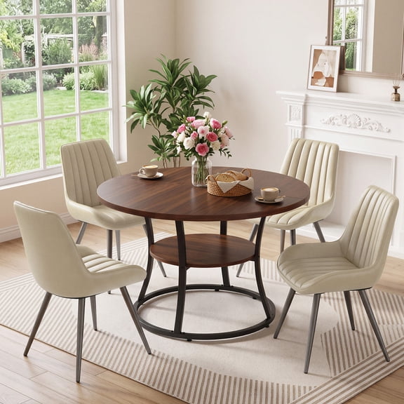 Hawsaiy 47.2" Round Dining Table Set for 4, Kitchen Table with 4 Upholstered Chairs, Modern Dining Room Table Set with Storage Shelf, Small Space Dining Set for Apartment