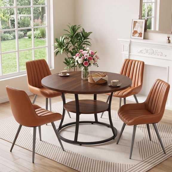 Hawsaiy 47.2" Round Dining Table Set for 4, Kitchen Table with 4 Upholstered Chairs, Modern Dining Room Table Set with Storage Shelf, Small Space Dining Set for Apartment
