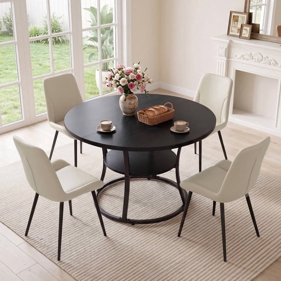Hawsaiy 47.2" Round Dining Table Set for 4, Modern Kitchen Table with 4 Upholstered PU Leather Dining Chairs, Dining Room Table with Storage Shelf, Small Space Furniture