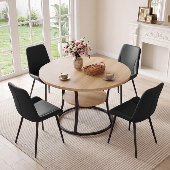 Hawsaiy 47.2" Round Dining Table Set for 4, Modern Kitchen Table with 4 Upholstered PU Leather Dining Chairs, Dining Room Table with Storage Shelf, Small Space Furniture