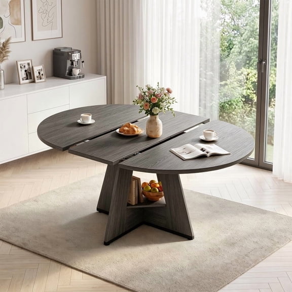 Hawsaiy 47.24"-63" Extendable Dining Table for 4-8, Round to Oval Dining Table with Storage Shelf, Modern Wood Kitchen Dining Room Table for Apartment, Gray