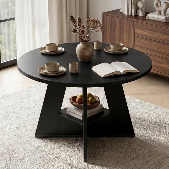 Hawsaiy 47.3" Round Dining Table for 4-6 People, Kitchen Table with Storage Shelf, Waterproof Wood Top, Pedestal Base, Black