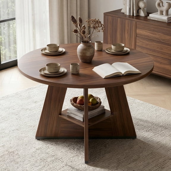 Hawsaiy 47.3" Round Dining Table for 4-6 People, Kitchen Table with Storage Shelf, Waterproof Wood Top, Pedestal Base, Wanut