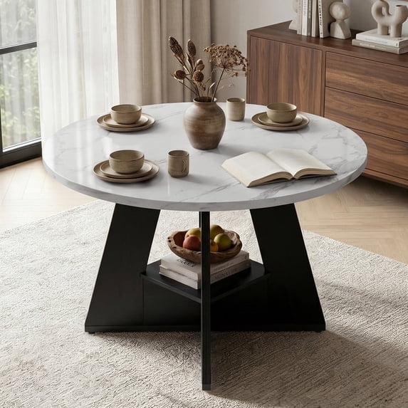 Hawsaiy 47.3" Round Dining Table for 4-6 People, Kitchen Table with Storage Shelf, Waterproof Wood Top, Pedestal Base, White