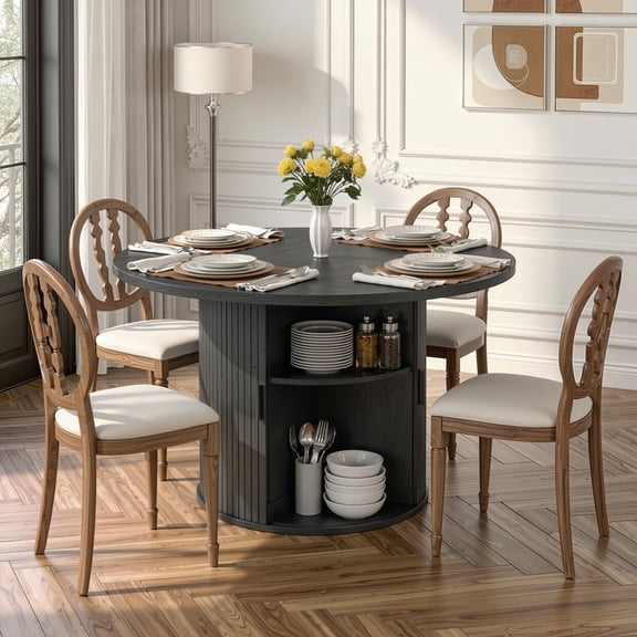 Hawsaiy 47" Round Dining Table for 4 with Sliding Door Storage Base, Waterproof Scratch-Resistant Wood Top, Modern Farmhouse Kitchen Dining Table, Black