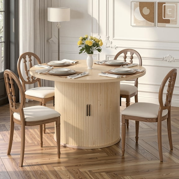 Hawsaiy 47" Round Dining Table for 4 with Sliding Door Storage Base, Waterproof Scratch-Resistant Wood Top, Modern Farmhouse Kitchen Dining Table, Natural