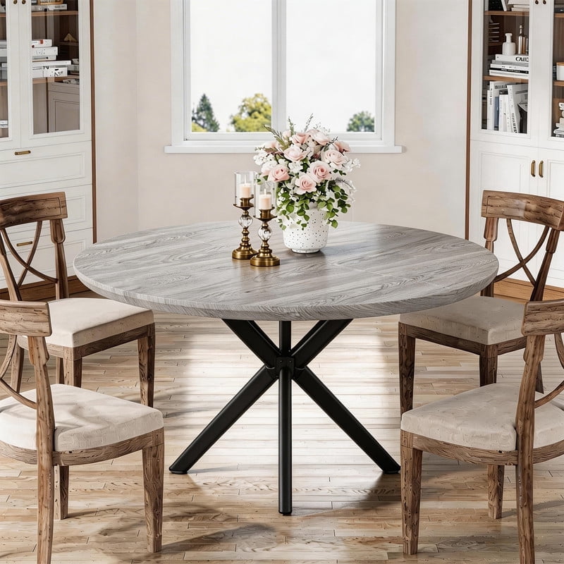 Hawsaiy 47" Round Dining Table for 4-6, Modern Farmhouse Kitchen Table with Metal Legs, Wood Circle Dinner Table for Kitchen & Dining Room, Gray
