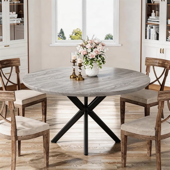 Hawsaiy 47" Round Dining Table for 4-6, Modern Farmhouse Kitchen Table with Metal Legs, Wood Circle Dinner Table for Kitchen & Dining Room, Gray