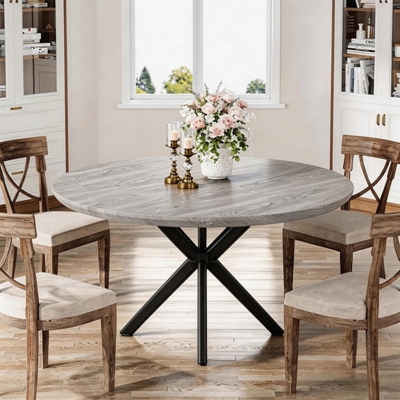 Hawsaiy 47" Round Dining Table for 4-6, Modern Farmhouse Kitchen Table with Metal Legs, Wood Circle Dinner Table for Kitchen & Dining Room, Gray
