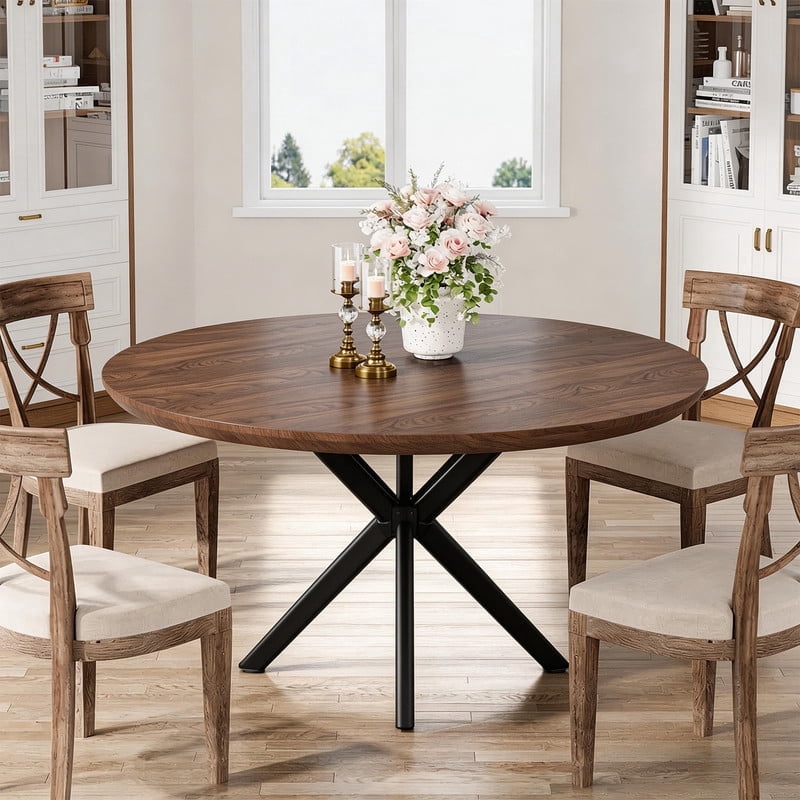 Hawsaiy 47" Round Dining Table for 4-6, Modern Farmhouse Kitchen Table with Metal Legs, Wood Circle Dinner Table for Kitchen & Dining Room, Walnut