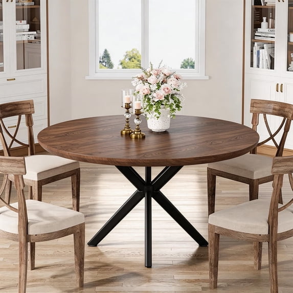 Hawsaiy 47" Round Dining Table for 4-6, Modern Farmhouse Kitchen Table with Metal Legs, Wood Circle Dinner Table for Kitchen & Dining Room, Walnut