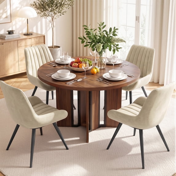 Hawsaiy 5 Piece 39.4" Round Dining Table Set for 4, Small Space Kitchen Table with 4 Upholstered Chairs, Farmhouse Dining Set with Metal Legs(Walnut+Beige)