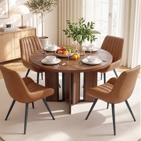 Hawsaiy 5 Piece 39.4" Round Dining Table Set for 4, Small Space Kitchen Table with 4 Upholstered Chairs, Farmhouse Dining Set with Metal Legs(Walnut+Brown)