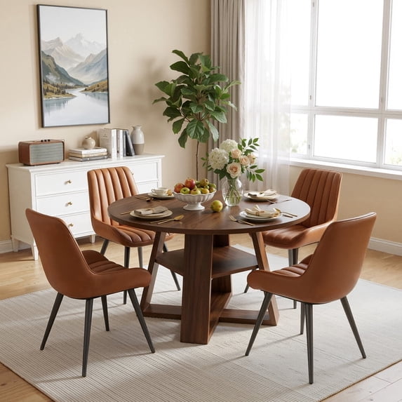Hawsaiy 5 Piece 43.3" Round Dining Table Set for 4,Kitchen Table with Storage Shelf & 4 Upholstered Dining Chairs, Modern Wood Dining Room Furniture Set for Apartment