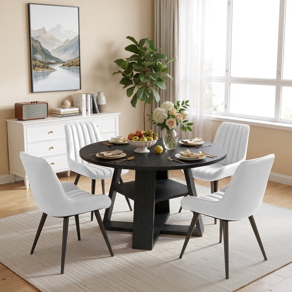 Hawsaiy 5 Piece 43.3" Round Dining Table Set for 4,Kitchen Table with Storage Shelf & 4 Upholstered Dining Chairs, Modern Wood Dining Room Furniture Set for Apartment