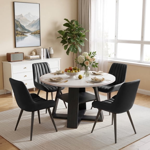 Hawsaiy 5 Piece 43.3" Round Dining Table Set for 4,Kitchen Table with Storage Shelf & 4 Upholstered Dining Chairs, Modern Wood Dining Room Furniture Set for Apartment