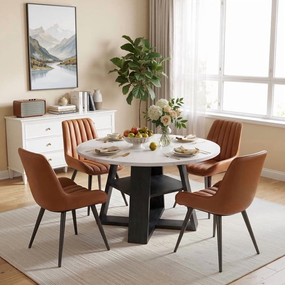 Hawsaiy 5 Piece 43.3" Round Dining Table Set for 4,Kitchen Table with Storage Shelf & 4 Upholstered Dining Chairs, Modern Wood Dining Room Furniture Set for Apartment