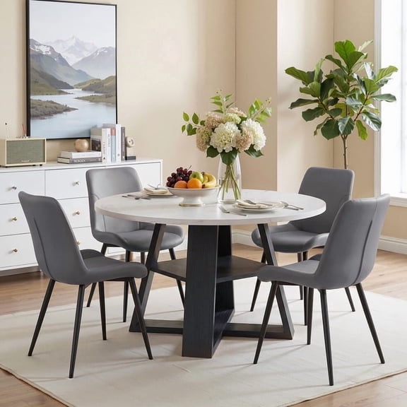 Hawsaiy 5 Piece 43.3" Round Dining Table Set for 4, Modern Wood Kitchen Table with Storage Shelf & 4 PU Leather Upholstered Dining Chairs, Dining Room Furniture Set for Apartment