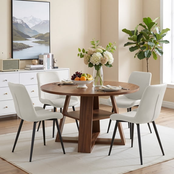 Hawsaiy 5 Piece 43.3" Round Dining Table Set for 4, Modern Wood Kitchen Table with Storage Shelf & 4 PU Leather Upholstered Dining Chairs, Dining Room Furniture Set for Apartment