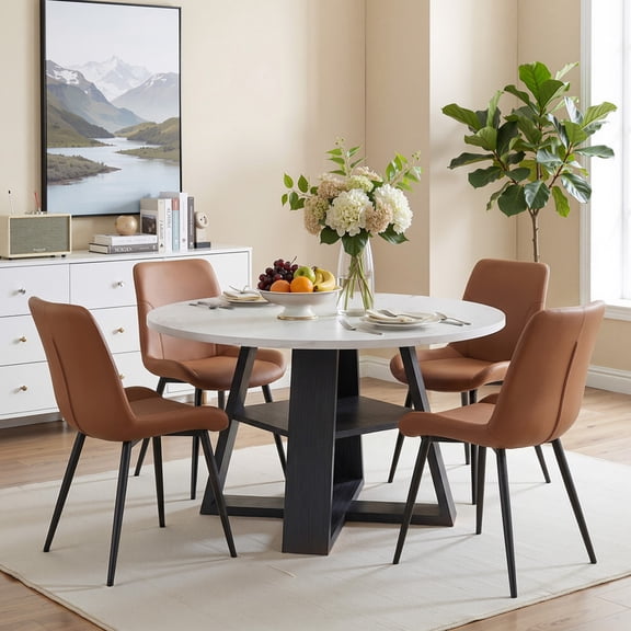 Hawsaiy 5 Piece 43.3" Round Dining Table Set for 4, Modern Wood Kitchen Table with Storage Shelf & 4 PU Leather Upholstered Dining Chairs, Dining Room Furniture Set for Apartment