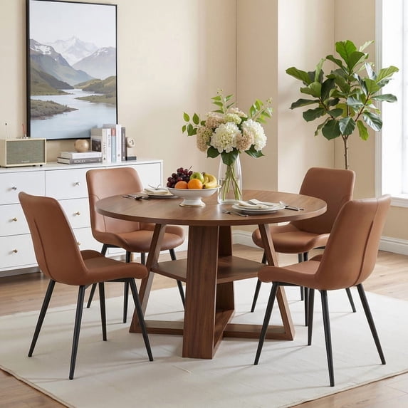Hawsaiy 5 Piece 43.3" Round Dining Table Set for 4, Modern Wood Kitchen Table with Storage Shelf & 4 PU Leather Upholstered Dining Chairs, Dining Room Furniture Set for Apartment
