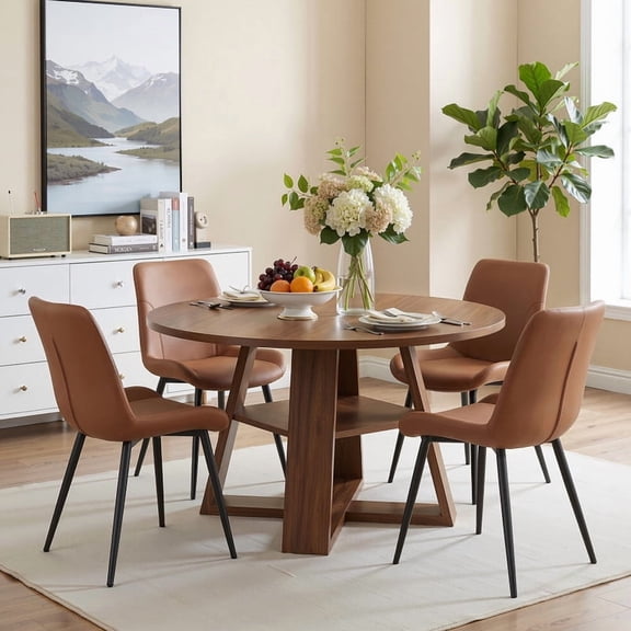 Hawsaiy 5 Piece 43.3" Round Dining Table Set for 4, Modern Wood Kitchen Table with Storage Shelf & 4 PU Leather Upholstered Dining Chairs, Dining Room Furniture Set for Apartment