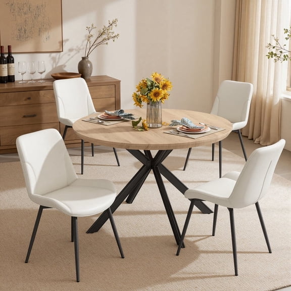 Hawsaiy 5-Piece 47.2" Round Dining Table Set for 4, Modern Wood Kitchen Table with 4 Dining Chairs, Space-Saving Dining Set with Metal Base for Apartment, Small Space (Natural + Beige)