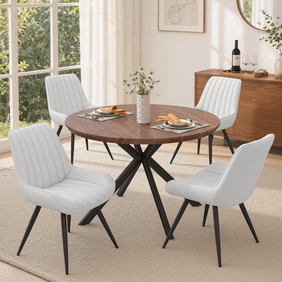Hawsaiy 5-Piece 47.2" Round Dining Table Set for 4, Modern Wood Kitchen Table with 4 Dining Chairs, Space-Saving Dining Set with Metal Base for Apartment, Small Space (Walnut + White)