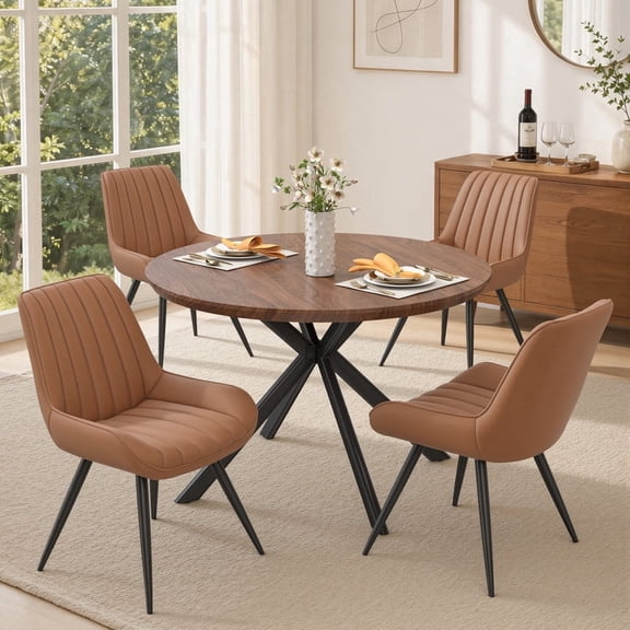 Hawsaiy 5-Piece 47.2" Round Dining Table Set for 4, Modern Wood Kitchen Table with 4 Dining Chairs, Space-Saving Dining Set with Metal Base for Apartment, Small Space (Walnut + Brown)
