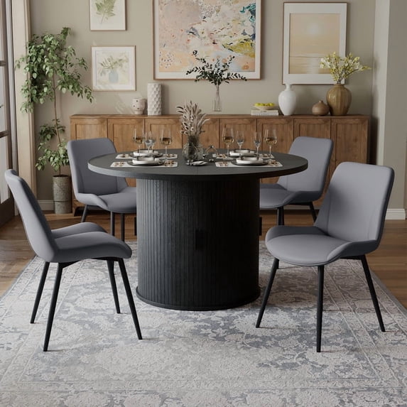 Hawsaiy 5-Piece Dining Table Set for 4, 47" Round Dining Table Set with 4 PU Leather Dining Chairs, Modern Farmhouse Table Set for Dining Room (Black+Dark Gray)