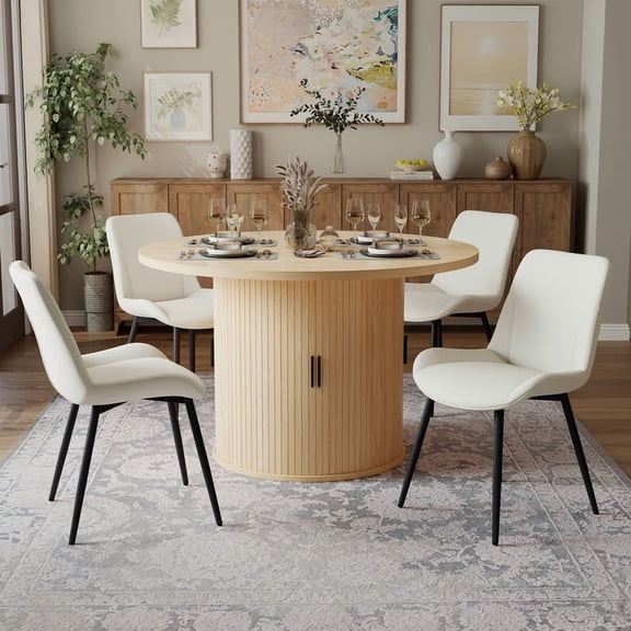 Hawsaiy 5-Piece Dining Table Set for 4, 47" Round Dining Table Set with 4 PU Leather Dining Chairs, Modern Farmhouse Table Set for Dining Room (Natural+Beige)
