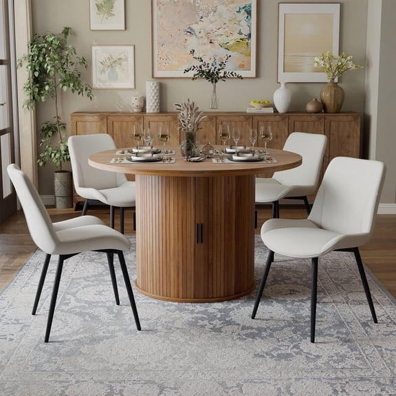 Hawsaiy 5-Piece Dining Table Set for 4, 47" Round Dining Table Set with 4 PU Leather Dining Chairs, Modern Farmhouse Table Set for Dining Room (Walnut+Beige)