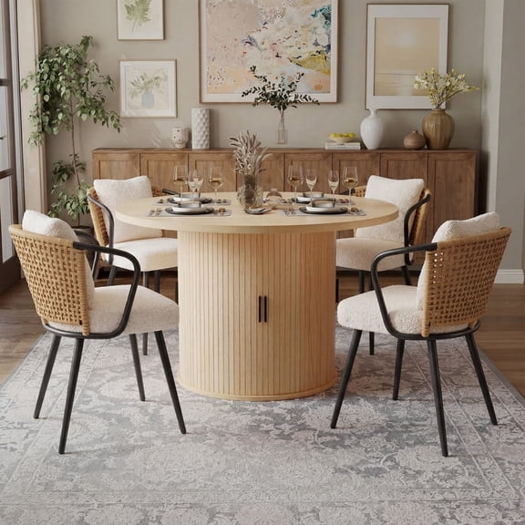 Hawsaiy 5-Piece Dining Table Set for 4, 47" Round Dining Table Set with 4 Rattan Dining Chairs, Modern Farmhouse Table Set for Dining Room (Natural+Natural)