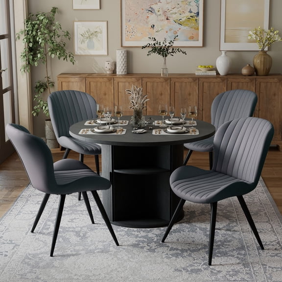 Hawsaiy 5-Piece Dining Table Set for 4, 47" Round Dining Table Set with 4 Upholstered Dining Chairs, Modern Farmhouse Table Set for Dining Room (Black+Dark Gray)
