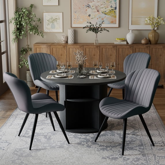 Hawsaiy 5-Piece Dining Table Set for 4, 47" Round Dining Table Set with 4 Upholstered Dining Chairs, Modern Farmhouse Table Set for Dining Room (Black+Dark Gray)