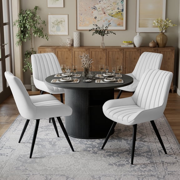 Hawsaiy 5-Piece Dining Table Set for 4, 47" Round Dining Table Set with 4 Upholstered Dining Chairs, Modern Farmhouse Table Set for Dining Room (Black+White)