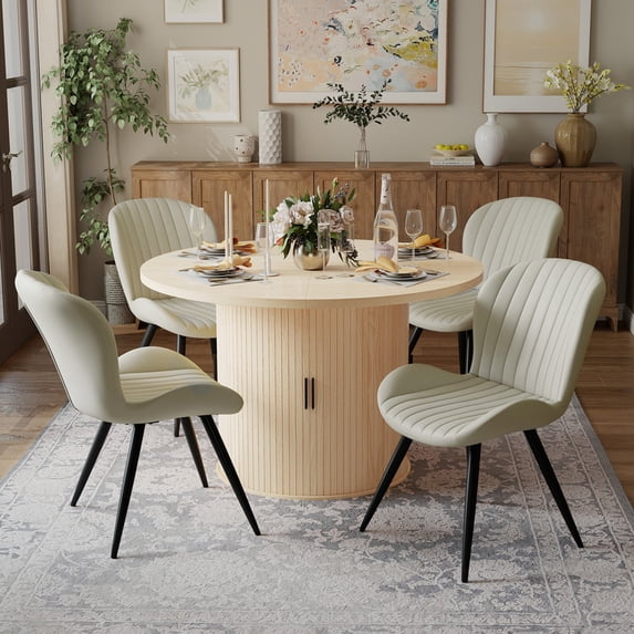 Hawsaiy 5-Piece Dining Table Set for 4, 47" Round Dining Table Set with 4 Upholstered Dining Chairs, Modern Farmhouse Table Set for Dining Room (Natural+Beige)