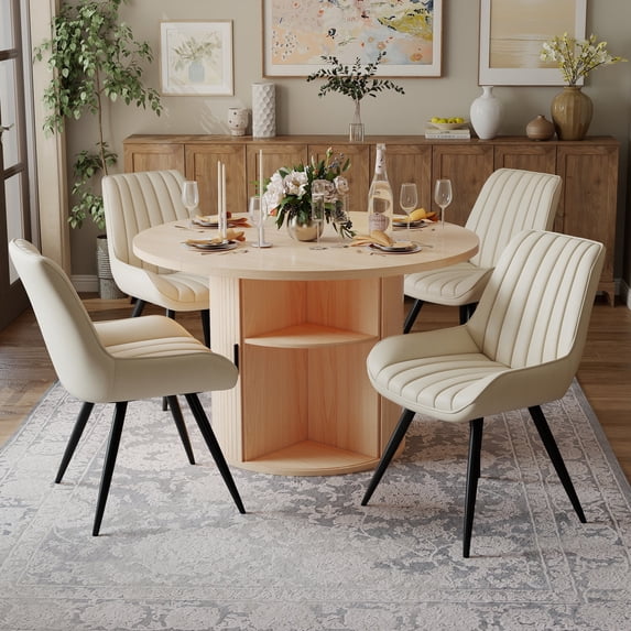 Hawsaiy 5-Piece Dining Table Set for 4, 47" Round Dining Table Set with 4 Upholstered Dining Chairs, Modern Farmhouse Table Set for Dining Room (Natural+Beige)