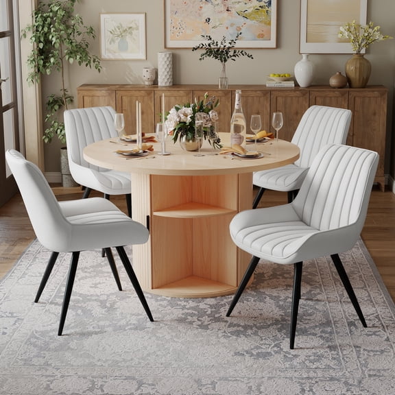 Hawsaiy 5-Piece Dining Table Set for 4, 47" Round Dining Table Set with 4 Upholstered Dining Chairs, Modern Farmhouse Table Set for Dining Room (Natural+White)