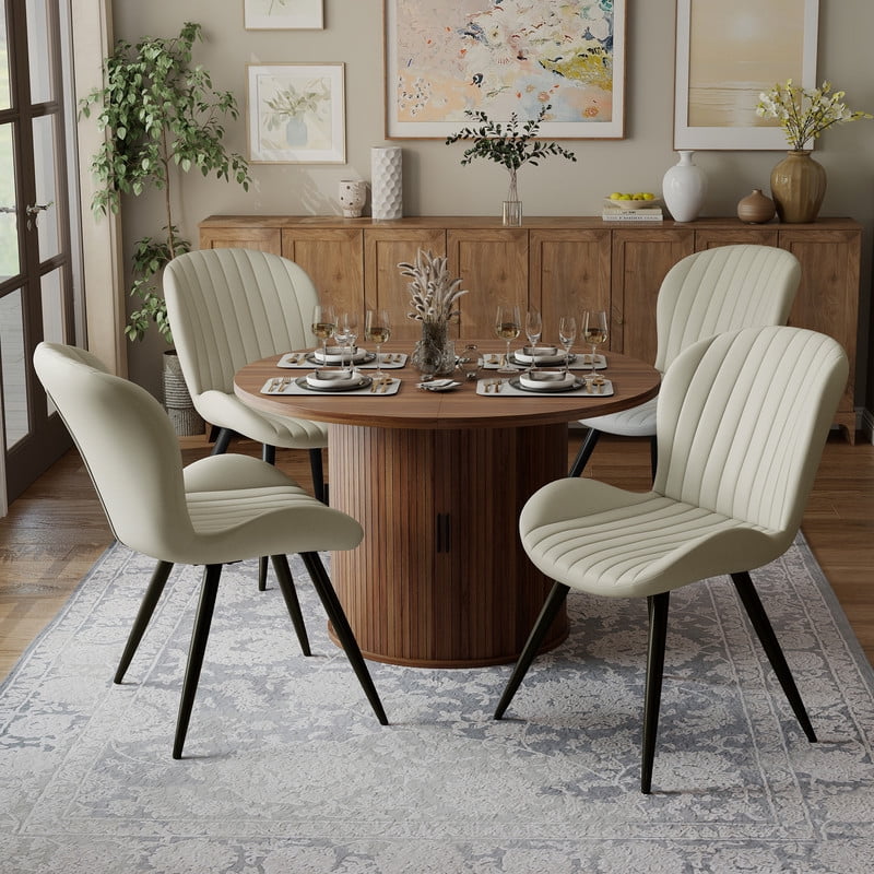 Hawsaiy 5-Piece Dining Table Set for 4, 47" Round Dining Table Set with 4 Upholstered Dining Chairs, Modern Farmhouse Table Set for Dining Room (Walnut+Beige)
