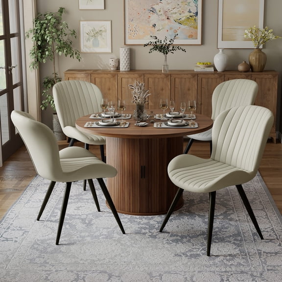 Hawsaiy 5-Piece Dining Table Set for 4, 47" Round Dining Table Set with 4 Upholstered Dining Chairs, Modern Farmhouse Table Set for Dining Room (Walnut+Beige)