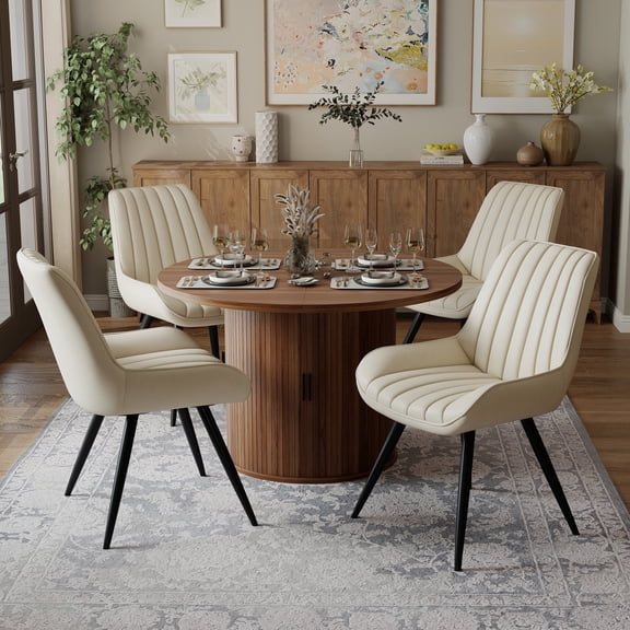 Hawsaiy 5-Piece Dining Table Set for 4, 47" Round Dining Table Set with 4 Upholstered Dining Chairs, Modern Farmhouse Table Set for Dining Room (Walnut+Beige)