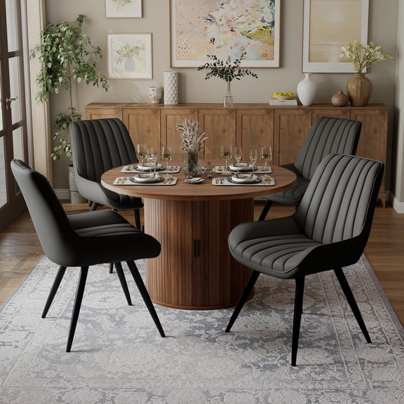 Hawsaiy 5-Piece Dining Table Set for 4, 47" Round Dining Table Set with 4 Upholstered Dining Chairs, Modern Farmhouse Table Set for Dining Room (Walnut+Black)