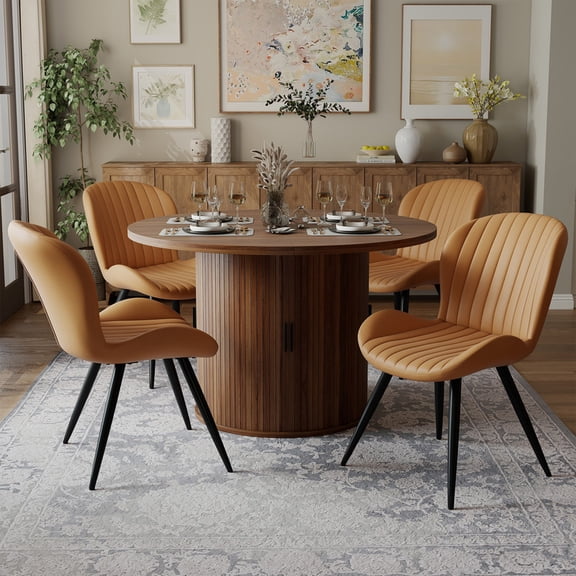 Hawsaiy 5-Piece Dining Table Set for 4, 47" Round Dining Table Set with 4 Upholstered Dining Chairs, Modern Farmhouse Table Set for Dining Room (Walnut+Brown)