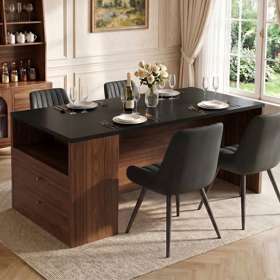 Hawsaiy 5-Piece Dining Table Set for 4, 63" Dining Room Table with 4 Upholstered Dining Chairs, Modern Kitchen Table Set with 2 Storage Drawers for Apartment