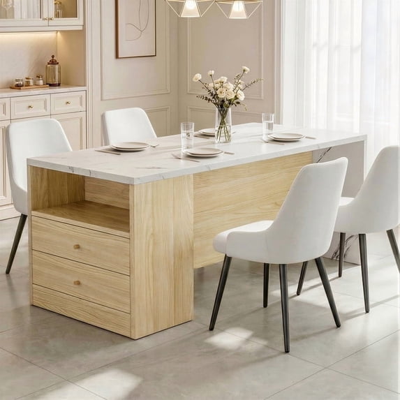 Hawsaiy 5-Piece Dining Table Set for 4, 63" Dining Room Table with 4 Upholstered Dining Chairs, Modern Kitchen Table Set with 2 Storage Drawers for Apartment