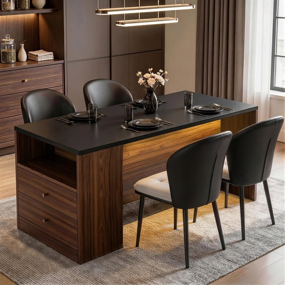 Hawsaiy 5-Piece Dining Table Set for 4, 63" Dining Room Table with 4 Upholstered Dining Chairs, Modern Kitchen Table Set with 2 Storage Drawers for Apartment
