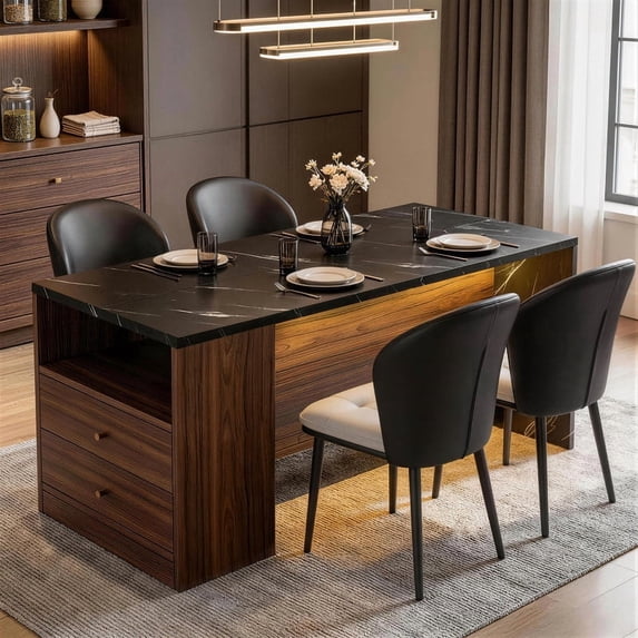 Hawsaiy 5-Piece Dining Table Set for 4, 63" Dining Room Table with 4 Upholstered Dining Chairs, Modern Kitchen Table Set with 2 Storage Drawers for Apartment