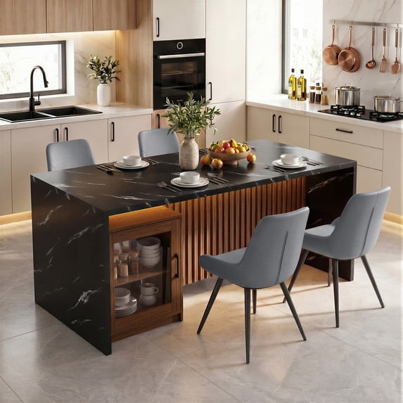 Hawsaiy 5 Piece Dining Table Set for 4, 63" Faux Marble Dining Table with LED Lights & Storage Cabinet, Kitchen Table and 4 PU Leather Upholstered Dining Chairs, Black